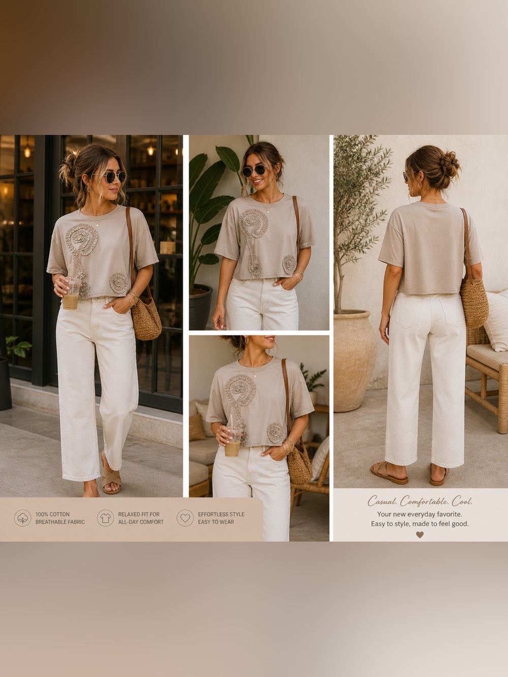Relaxed Embroidered Crop Tee in Taupe